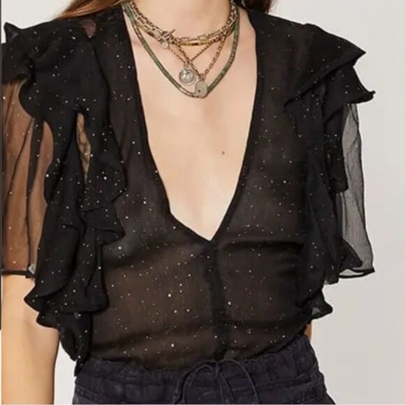 IRO Paris Lonila Ruffled Glitter-Embellished Georgette Blouse Medium Sz 36 Black - Picture 1 of 16